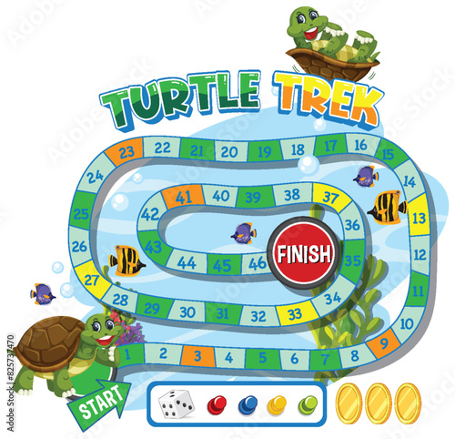 Colorful turtle-themed board game with dice and tokens
