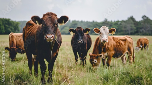 Cattle cows calves in the field outdoor outdoors grazing eating grass, Ganado vacas becerros en el campo al aire libre exterior pastando comiendo pasto photo