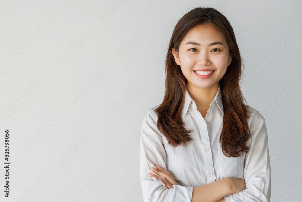 Asian Female Lifestyle: Young CEO Office Manager in Casual Attire Smiling with Arms Crossed Asian Female Lifestyle: Young CEO Office Manager in Casual Attire Smiling with Arms Crossed