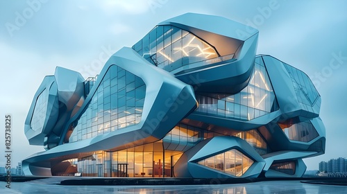 Abstract landscape with 3d render of a modern office building in the city with sky background. Futuristic unique modern contemporary luxury Glass Architecture building, Geometric Designs.