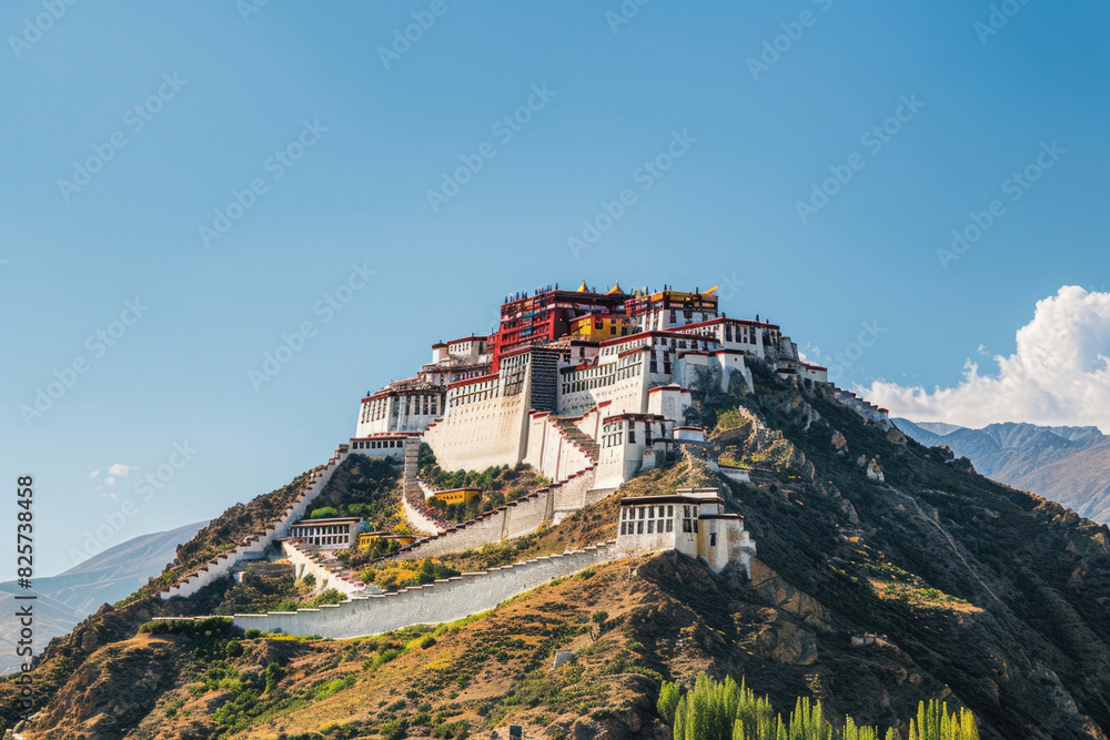 Potala Palace in Lhasa, Tibet, with its majestic white and red structures on the hill