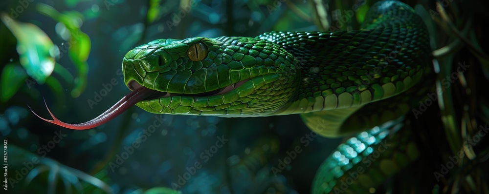 Obraz premium green snake with tongue extended among lush greenery.