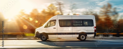 White minibus driving on city street with sunlight flare, conveying urban transport.