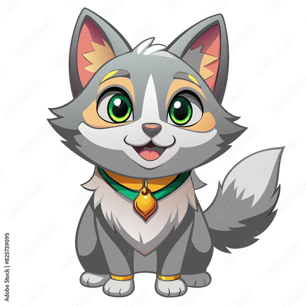 A joyful grey cat with big green eyes and orange highlights, sitting contentedly with a cheerful smile, embodying cuteness and friendliness. A joyful grey cat with big green eyes and orange highlights, sitting contentedly with a cheerful smile, embodying cuteness and friendliness.