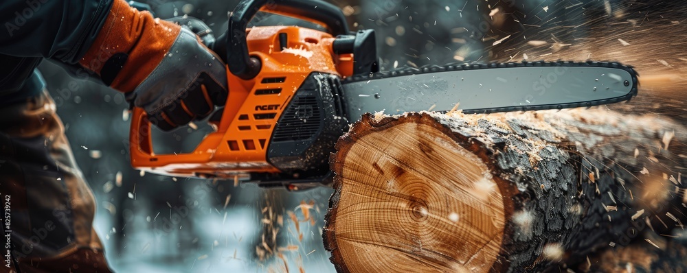 chainsaw in motion, slicing through a log with sawdust flying around Suitable for work and power tools themes. chainsaw in motion, slicing through a log with sawdust flying around Suitable for work and power tools themes.