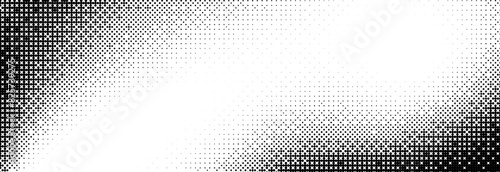 Bitmap pixelated grunge gradient texture. Black and white dither pattern wallpaper. Abstract glitchy 8 bit video game pattern background. Wide rasterized backdrop. Retro pixel art Illustration. Vector