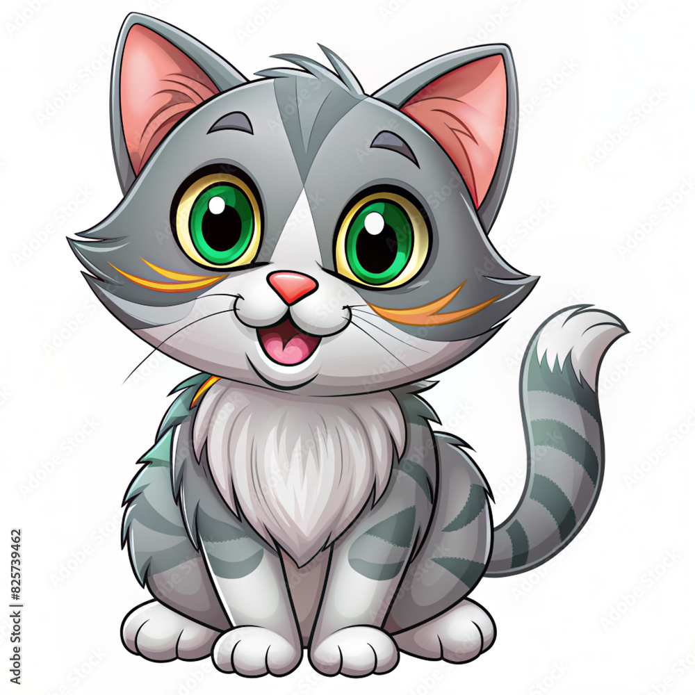 Fototapeta premium A joyful grey cat with big green eyes and orange highlights, sitting contentedly with a cheerful smile, embodying cuteness and friendliness.