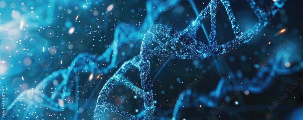 Digital representation of a DNA structure with glowing particles and connection lines for scientific concepts.