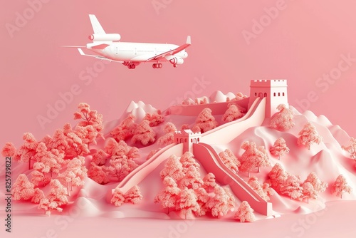 3d illustration of an airplane flying to great wall of china