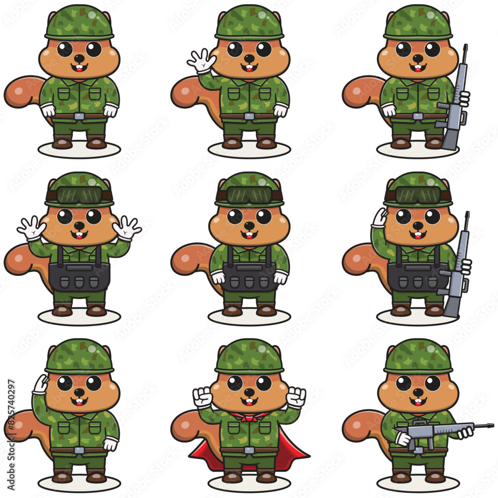 Cute Squirrel soldier in camouflage uniform. Cartoon funny Squirrel soldier character with helmet and green uniform in different positions. Funny Animal illustration Set. Cute Squirrel soldier in camouflage uniform. Cartoon funny Squirrel soldier character with helmet and green uniform in different positions. Funny Animal illustration Set.