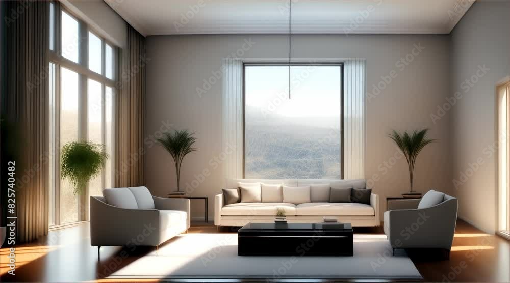 Modern living room interior with a sofa, table, featuring luxury design elements, comfortable furniture and windows that let in natural light. Modern living room interior with a sofa, table, featuring luxury design elements, comfortable furniture and windows that let in natural light.