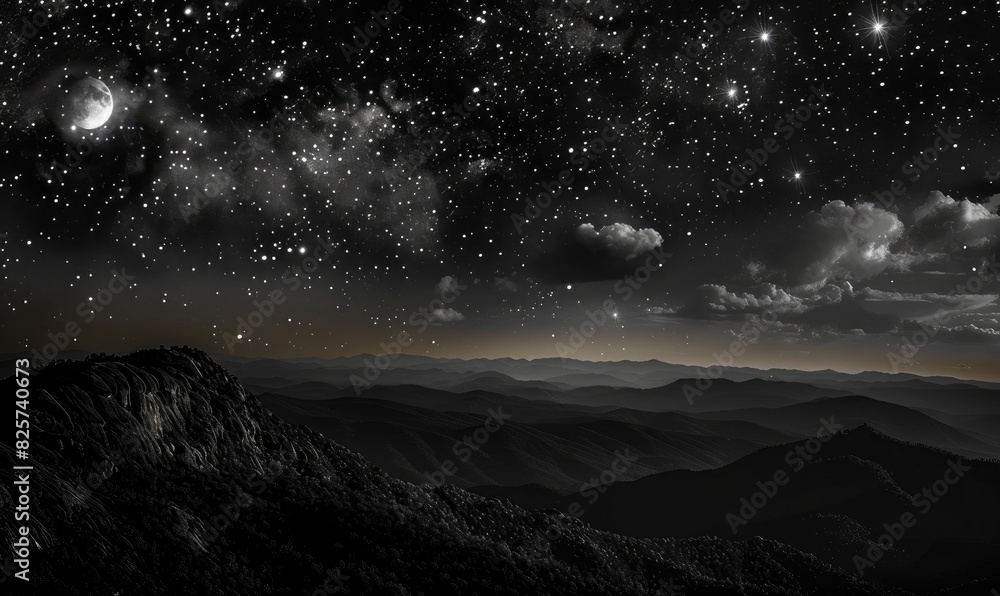 Fototapeta premium nighttime landscape with a full moon illuminating a snow-covered mountain peak under a vast, starry sky.