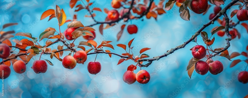 red apples on a tree with a backdrop of a clear blue sky and fluffy clouds, signifying fresh harvest.