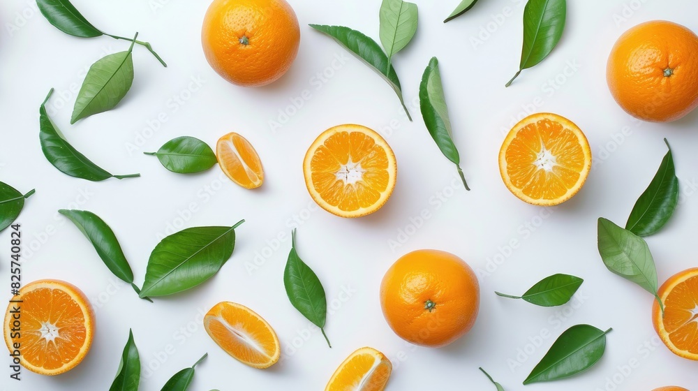 Fresh oranges with green leaves on a white background Fresh oranges with green leaves on a white background