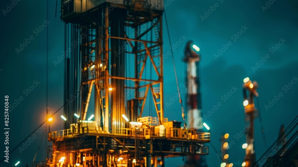 The sound of drilling and machinery echo through the night as the oil derrick continues to produce precious resources.