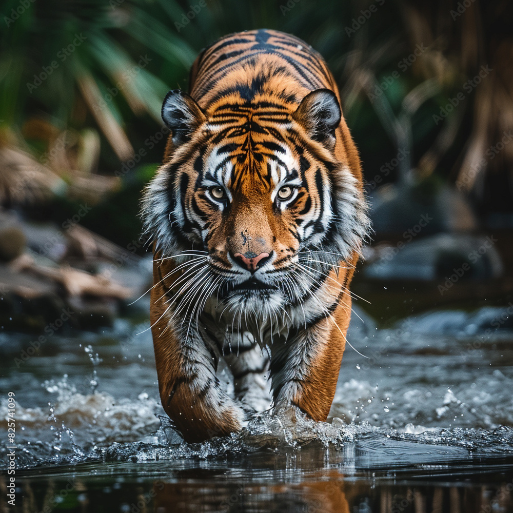 A powerful tiger strides through the water, its intense gaze focused, exuding strength and majesty. A powerful tiger strides through the water, its intense gaze focused, exuding strength and majesty.