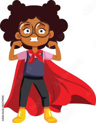 Superhero Little Girl Flexing Muscles Vector Cartoon illustration. Cheerful super little toddler girl wearing red cape
