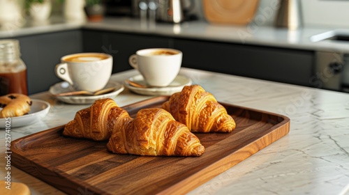 French bakery and coffee served with sweet croissants and drinks on a wooden tray in a modern kitchen setting