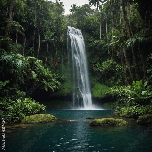  Tropical waterfall surrounded by greenery. 