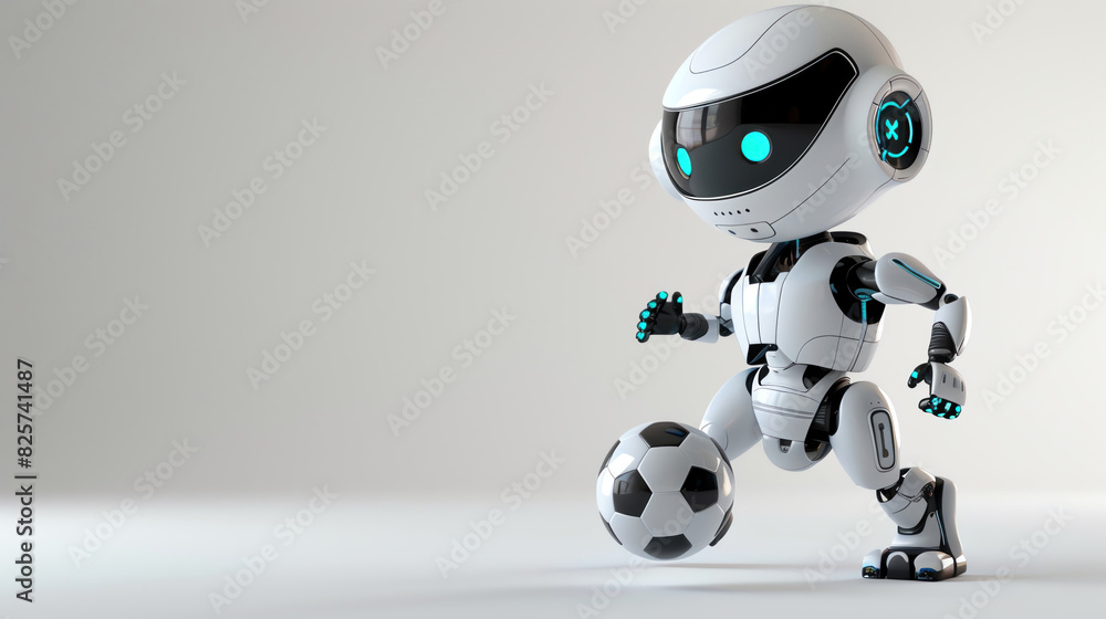 A 3D cute robot playing soccer, with space for text A 3D cute robot playing soccer, with space for text