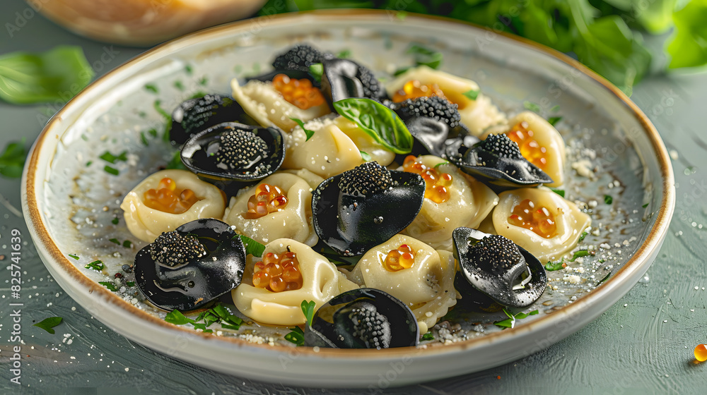 Ravioli with caviar and sauce. Black pelmeni, Ravioli with caviar and sauce. Black pelmeni,