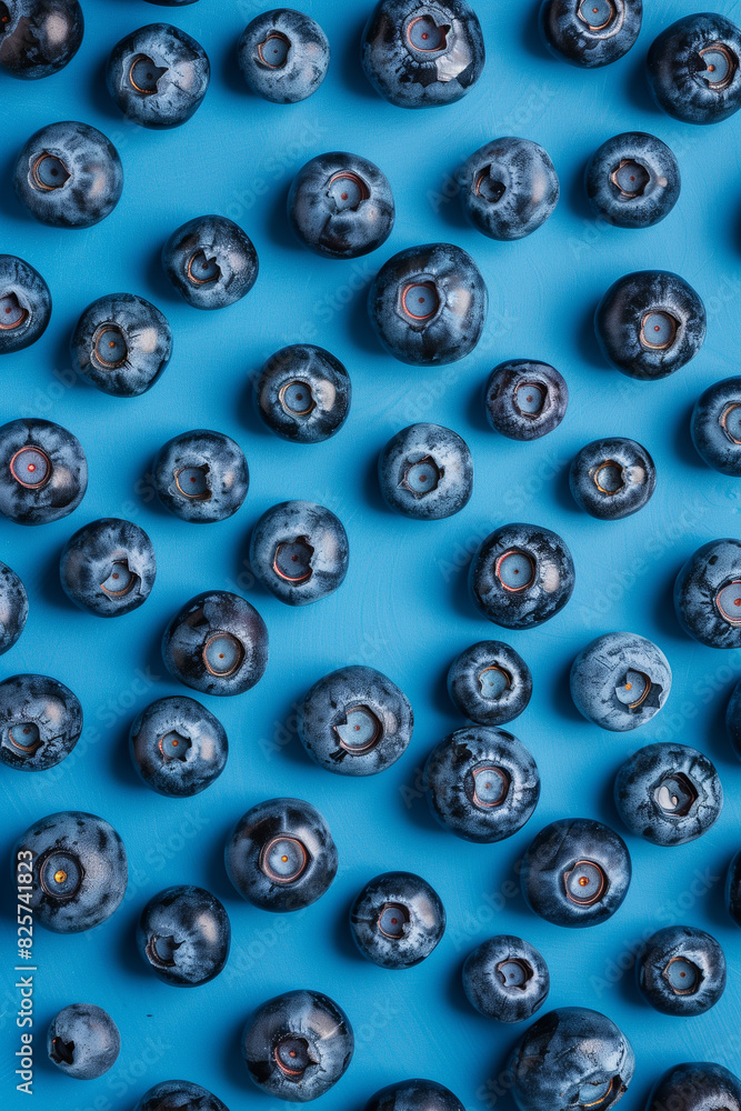 A lot of ripe tasty large blueberries lie on a blue background, pattern. Top view. A lot of ripe tasty large blueberries lie on a blue background, pattern. Top view.