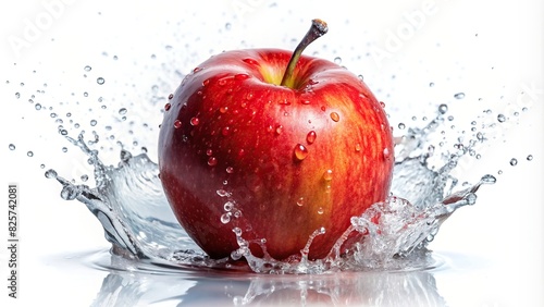 Fresh red apple with water splashes on a white background