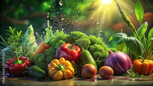 Fresh vegetable with water splashes in garden background