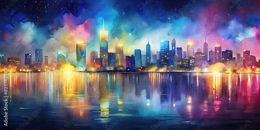 Abstract city skyline at night with colorful lights reflecting on the water