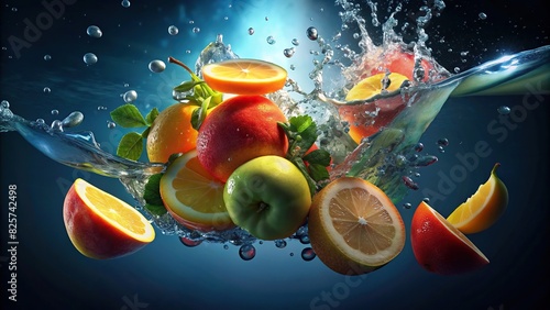 Slices of various fruits plunging into water creating a refreshing splash photo