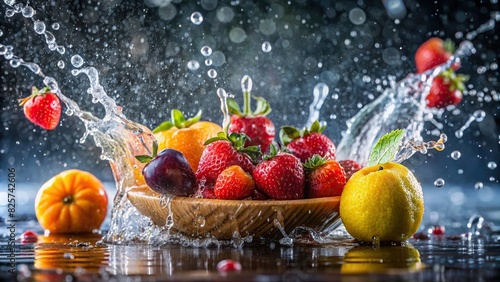 A close-up image of fresh fruit splashing in water with a rain background