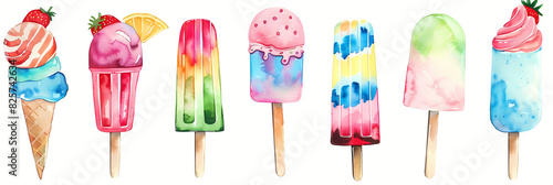 Colorful watercolor ice creams and popsicles clipart


