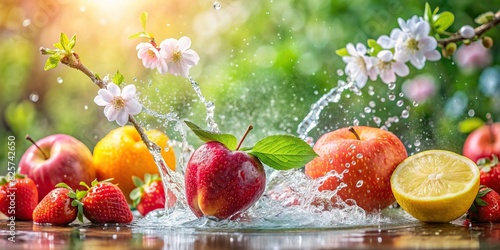 Fresh fruit with water splashes on a spring blossoms background close up photo