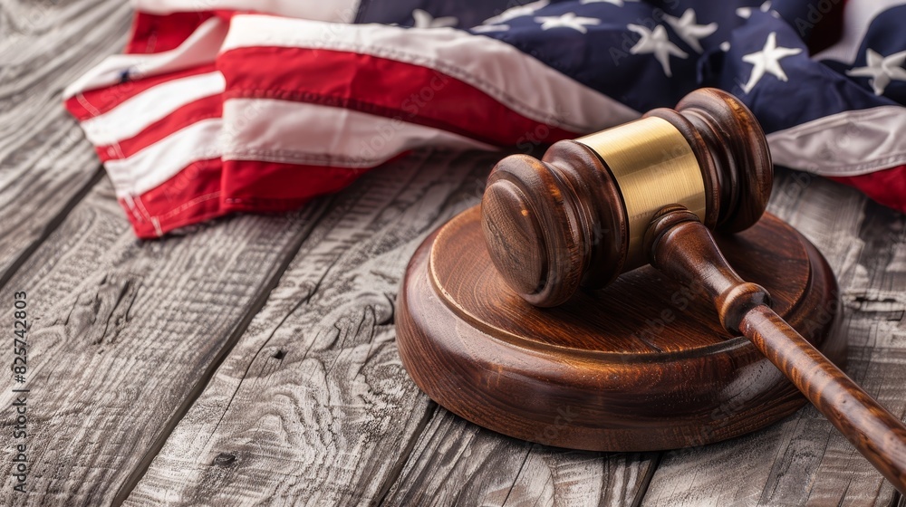 Wooden gavel and flag, clean table with text space, swift justice representation