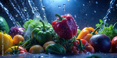 Fresh vegetable being splashed with rainwater, close up shot with water droplets and splashes photo