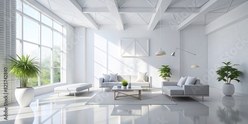 Minimalist white room interior with clean lines and geometric shapes photo
