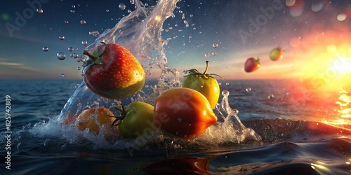 Close up of fresh fruit splashing in water with ocean background photo