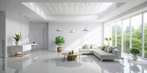 Minimalist white room interior with clean lines and geometric shapes