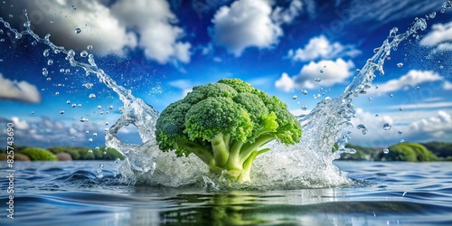 Fresh green vegetable being splashed with water against a cloud background photo