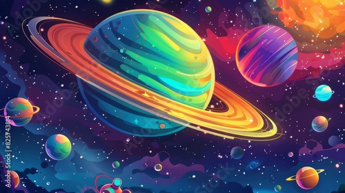 Whimsical planet with multi-colored rings  adorable space robots  cosmic playground  fun and engaging background