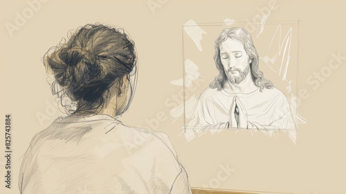 Faith and Comfort: Person Praying in Hospital Chapel with Jesus's Image, a Biblical Illustration of Spiritual Support