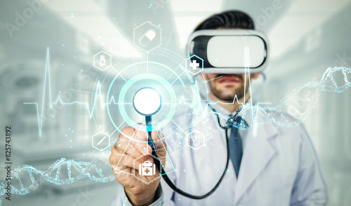 Smart doctor holding stethoscope while using visual reality goggle to analysis and diagnosis patient. Handsome doctor wearing VR headset and lab coat while genetic medical theory system. Deviation.
