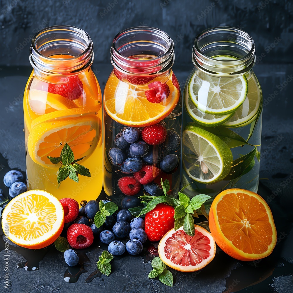 Three glass bottles filled with refreshing fruit-infused water. Three glass bottles filled with refreshing fruit-infused water.