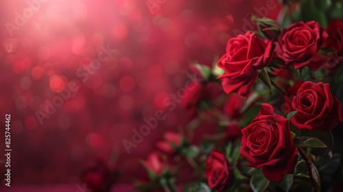 Vibrant red roses in full bloom on a deep red backdrop  creating a striking Valentine s Day banner with a touch of elegance