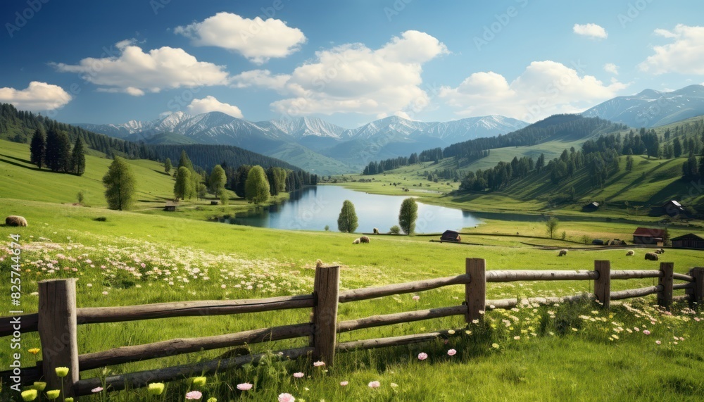 A stunning spring day landscaping views of fertile land surrounded beautiful green vegetation, wide stretches of hills and mountains with clear skies in spring