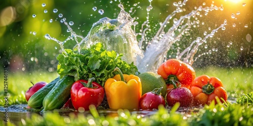 A close-up shot of a fresh vegetable being splashed with water in a meadow background