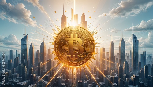golden bitcoin cryptocurrency in the futuristic city skyline background photo