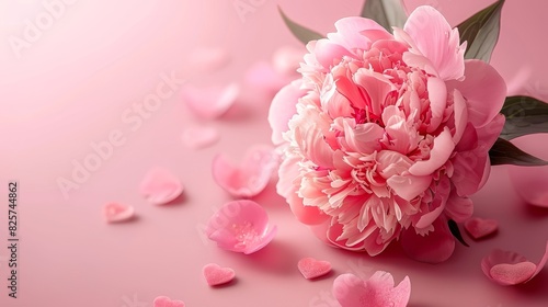 Pink peony adorned with charming hearts set against a soft pink backdrop 