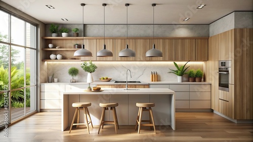 Minimalist kitchen with sleek counters and minimal accessories photo