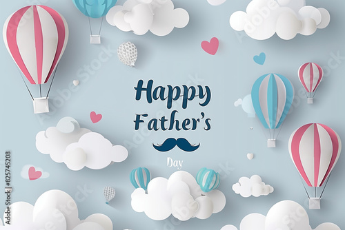 texte en anglais "Happy Father's Day"  Bonne fête des pères avec des montgolfières  dans des nuages blancs sur un fond bleu clair et une moustache. Motifs en papier découpé effet 3D